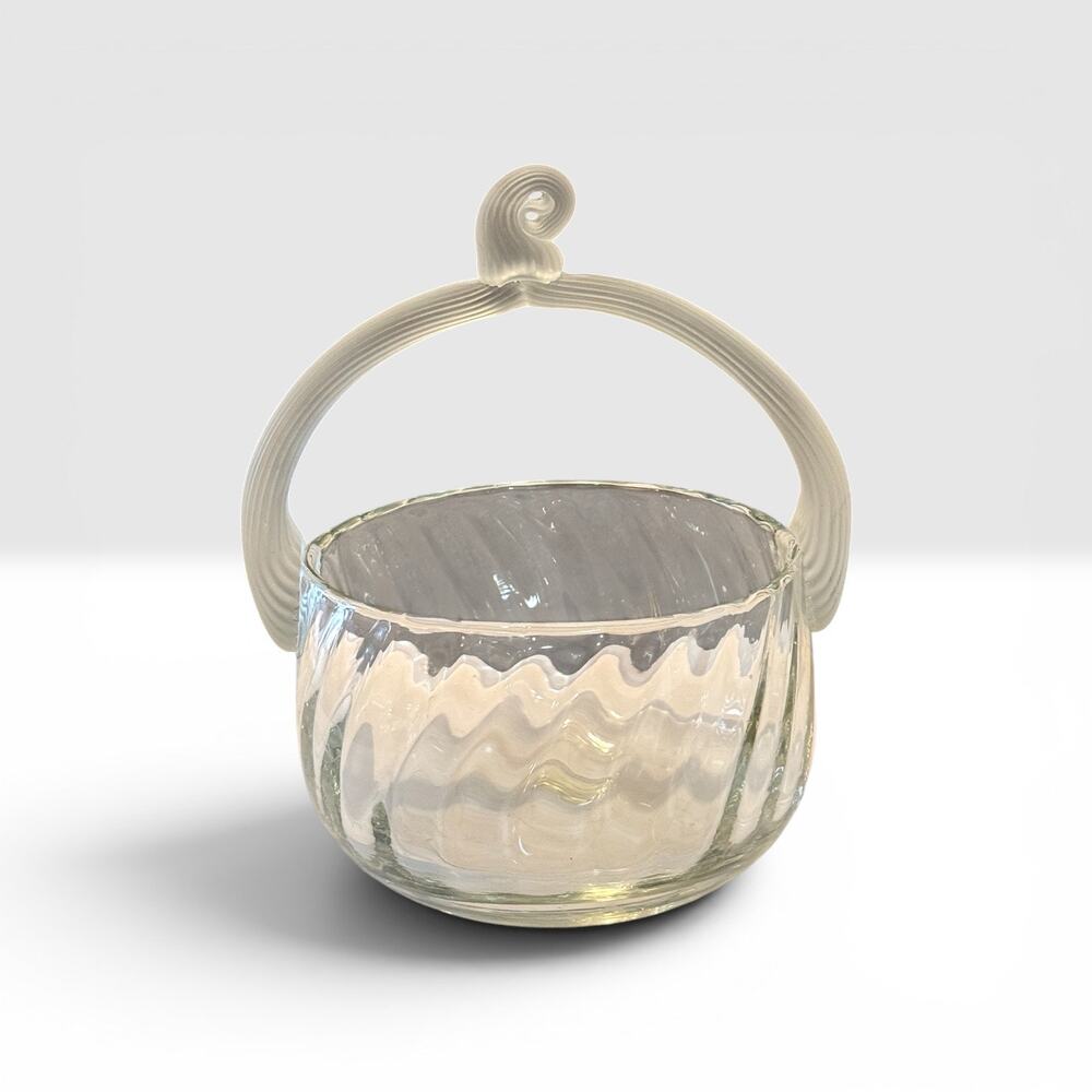 Romanian Art Glass Basket Lalique Style Hand Blown Frosted Handle Swirl Bowl